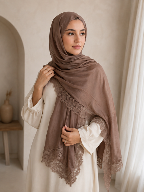 Châle finition dentelle byshana - marron