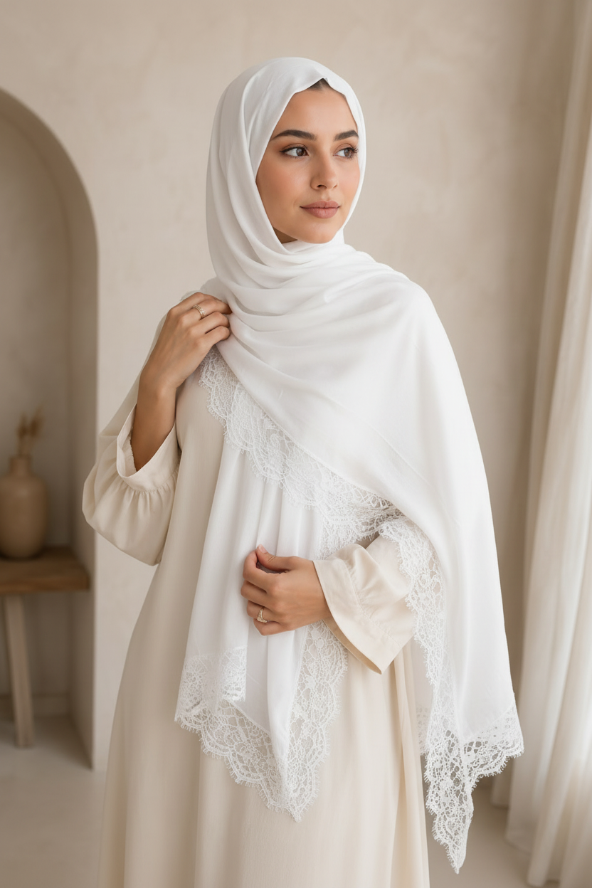 Châle finition dentelle - Blanc