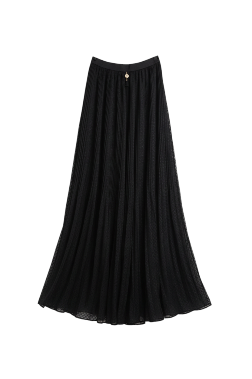 Jupe longue noire Shanaluxe en tissu fluide plissé avec détail bijou doré à la taille et doublure à pois
